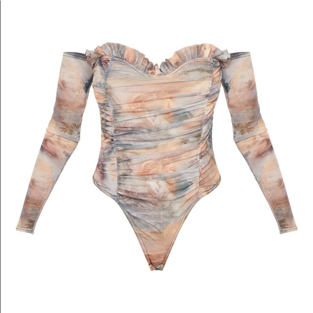 Multi Water Renaissance Printed Mesh Ruched Bardot Bodysuit